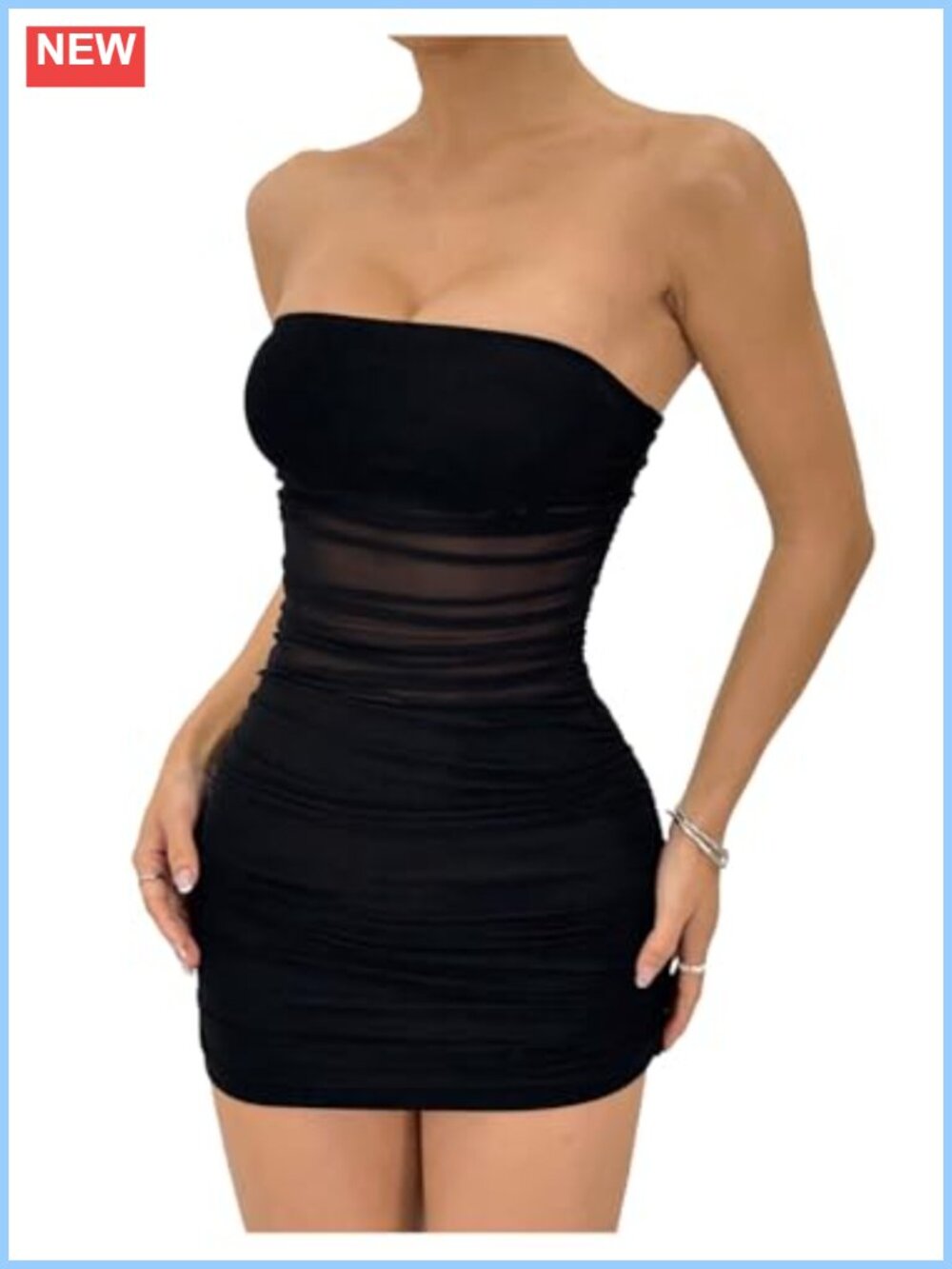 Women's Mesh Strapless Ruched Bodycon Mini Dress Mesh Club Party